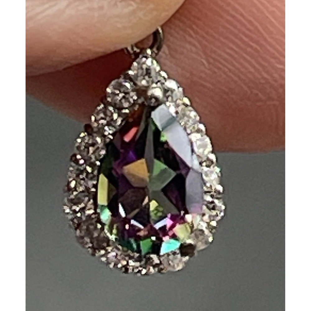 925 Sterling Silver Teardrop Pendant Rainbow Mystic Topaz CZ Halo - Picture 2 of 4